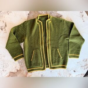 RARE VTG Hand Knit Green Cardigan Jacket  with Yellow Trim and talon zipper